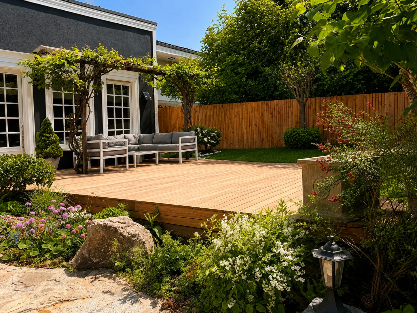Holzterrasse in einem begrünten Garten